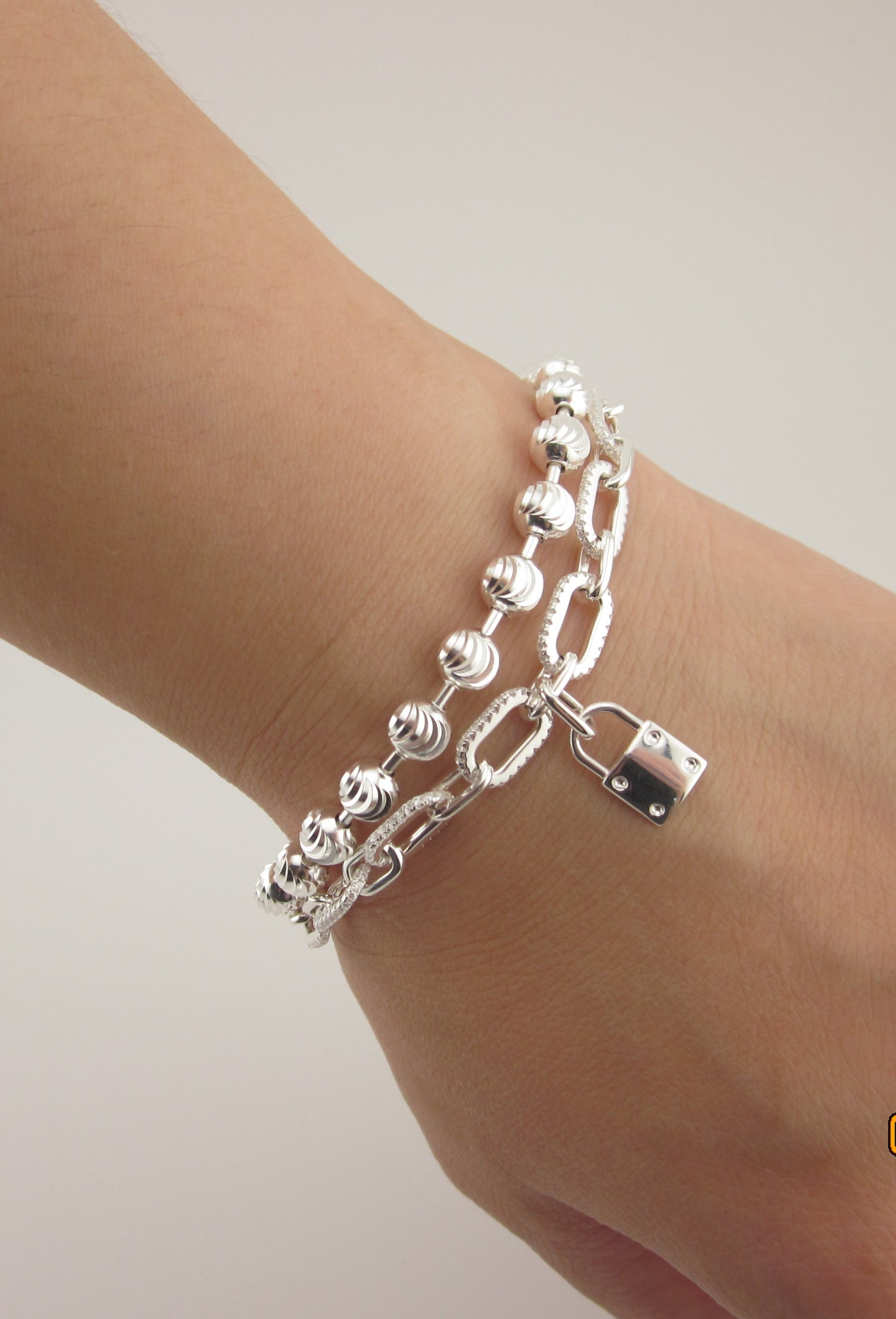 2-Piece 925 Sterling Silver Double Layer Bracelet with Padlock Charm | Layered Chain & Bead Ball Bracelet | Modern Minimalist Jewelry