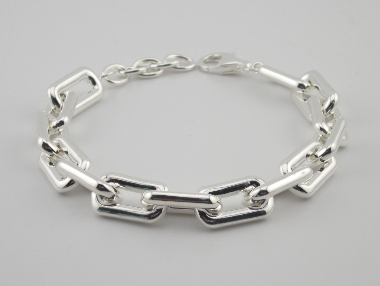 Chunky Sterling Silver Link Bracelet: Bold Rectangular Chain, Adjustable Length, Mirror High polished