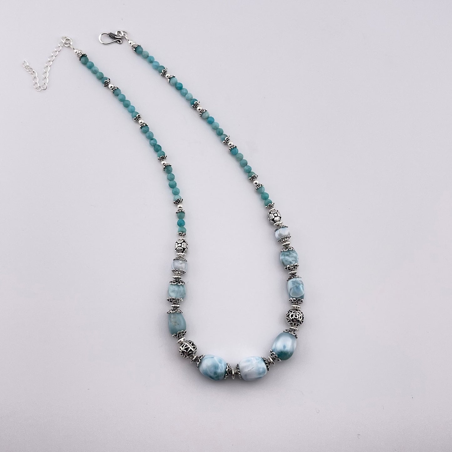 Handmade Larimar & Amazonite 925 Sterling Silver Necklace: Ocean Gemstone Jewelry