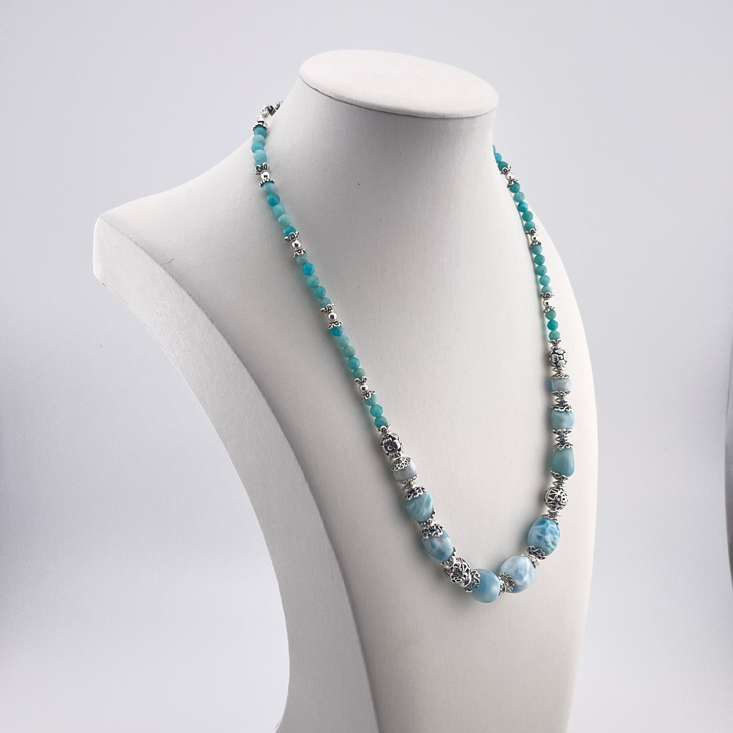 Handmade Larimar & Amazonite 925 Sterling Silver Necklace: Ocean Gemstone Jewelry