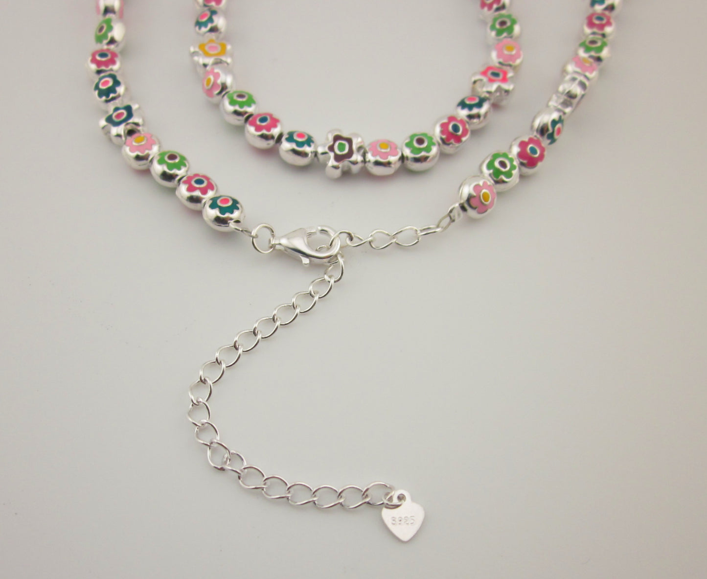 Handcraft Sterling Silver Enamel Flower Necklace: Adjustable Kids Jewelry