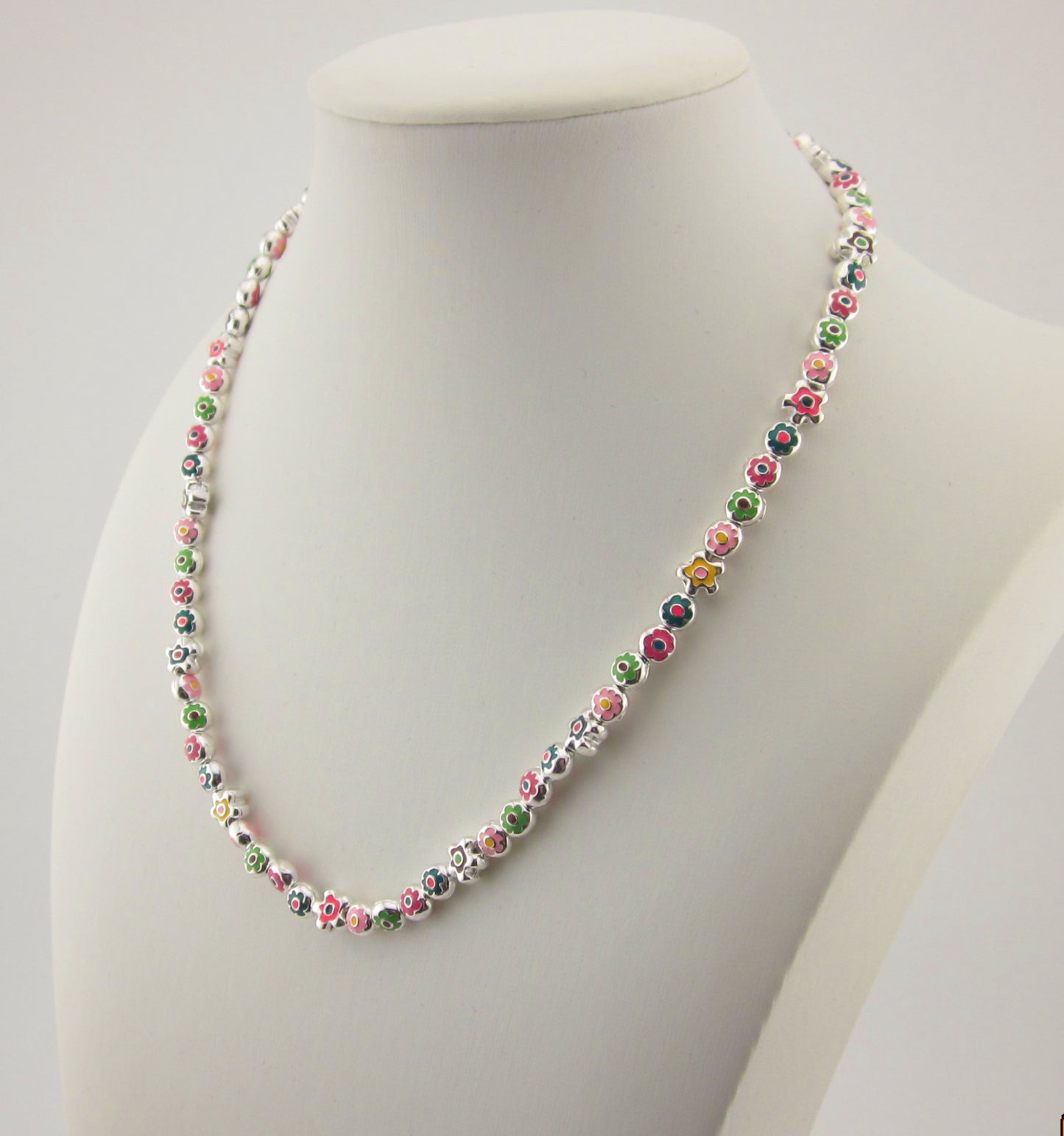 Handcraft Sterling Silver Enamel Flower Necklace: Adjustable Kids Jewelry