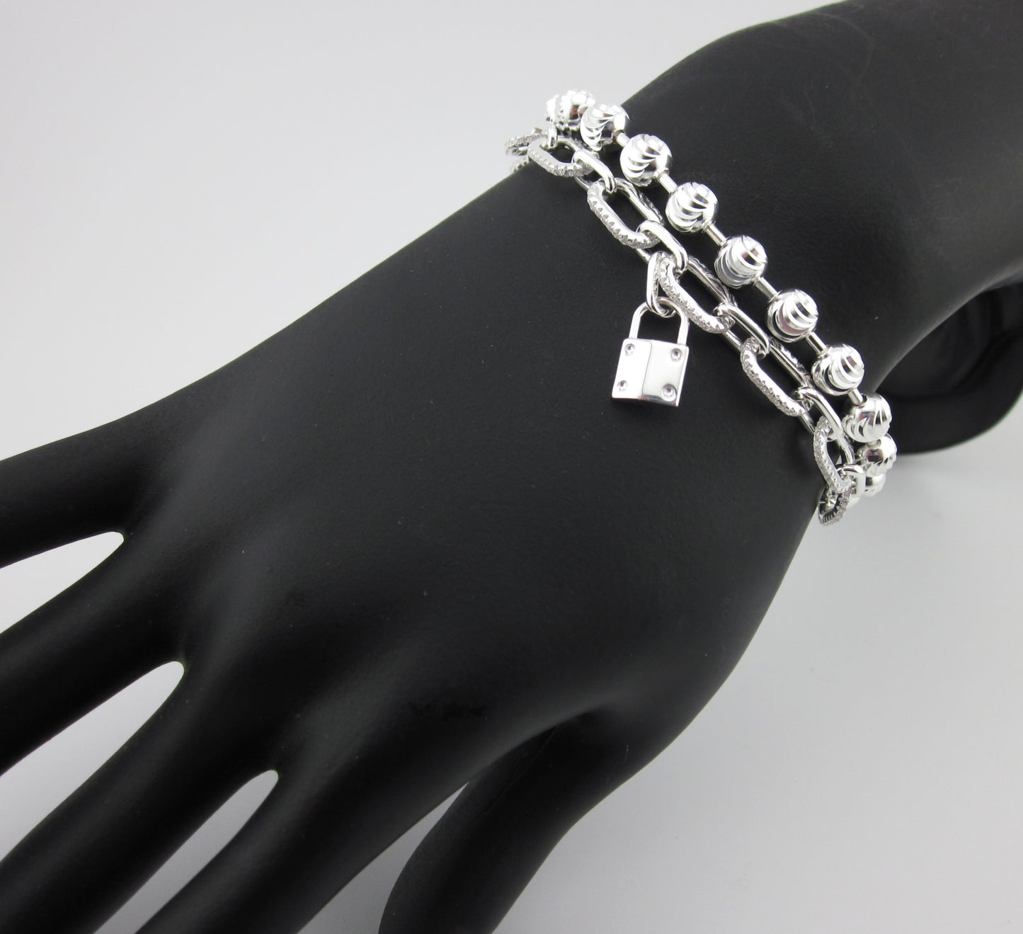 2-Piece 925 Sterling Silver Double Layer Bracelet with Padlock Charm | Layered Chain & Bead Ball Bracelet | Modern Minimalist Jewelry