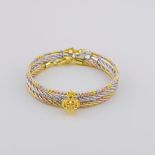 3-piece Tri-Color Gold Plated 925 Silver Multi-Strand Bracelet with Filigree Heart Charm, Made in Italy, Romantic, Elegant, Spiritual