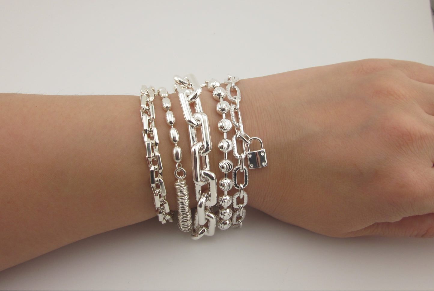 2-Piece 925 Sterling Silver Double Layer Bracelet with Padlock Charm | Layered Chain & Bead Ball Bracelet | Modern Minimalist Jewelry