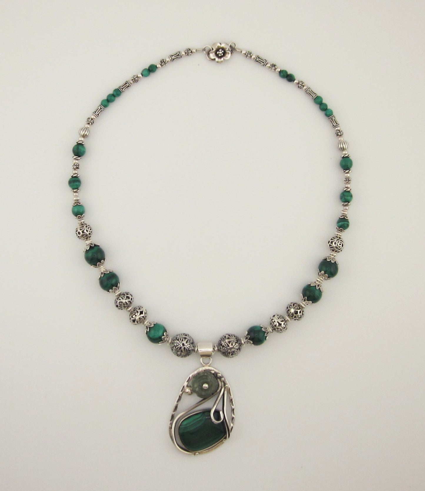 Malachite Necklace with Sterling Silver Pendant | Natural Green Gemstone Beaded Necklace | Handmade Healing Jewelry for Women