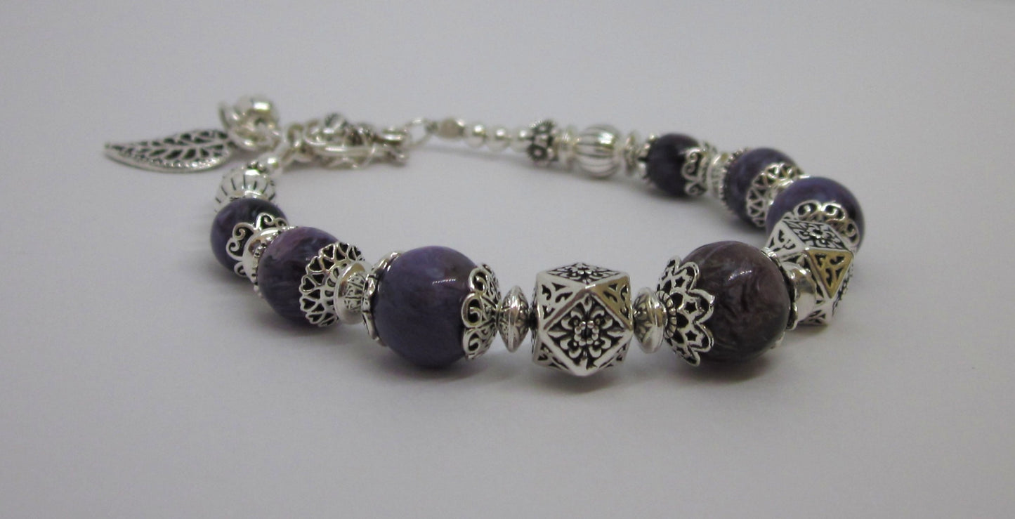 Handmade Purple Charoite & 925 Sterling Silver Bracelet – One of a Kind, Adjustable Length, Spiritual gifts, Genuine gemstone, unique design