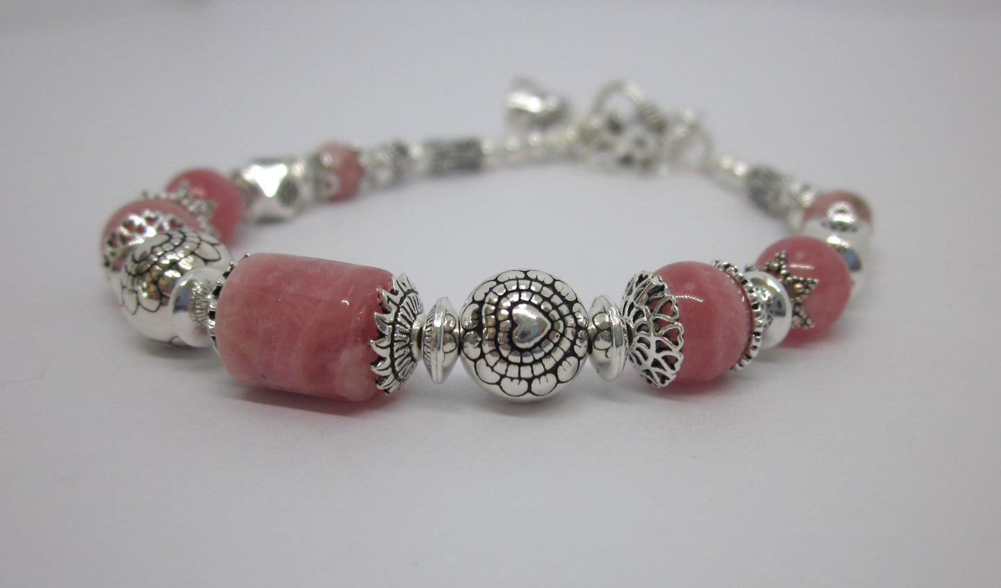 Handmade 925 Sterling Silver Bracelet, Genuine Rhodochrosite, Natural Color, Unique Design, Adjustable Length