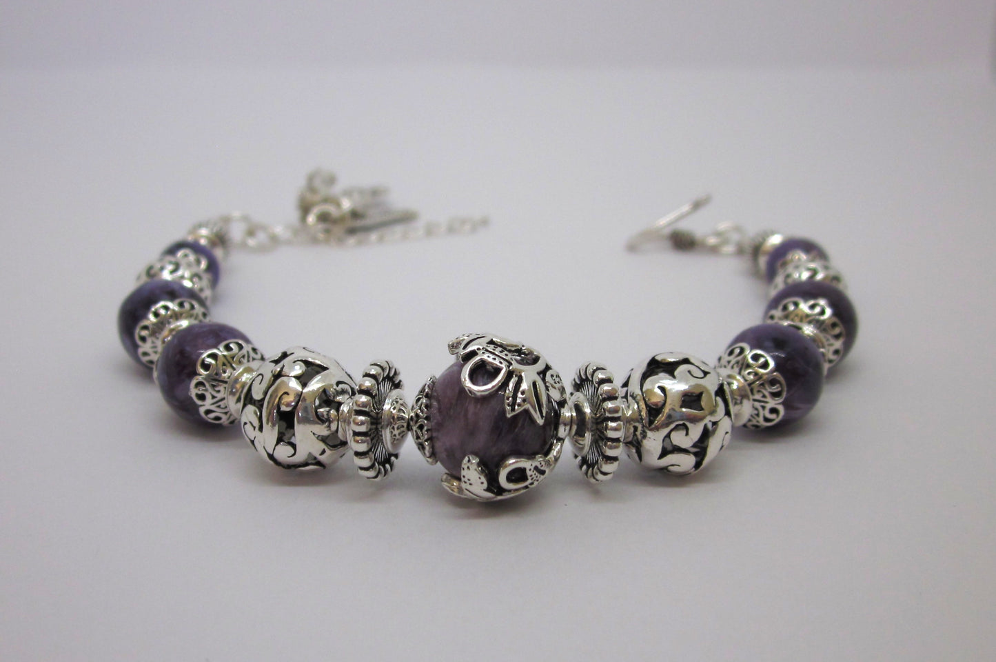 Handmade Purple Charoite & 925 Sterling Silver Bracelet – One of a Kind, Adjustable Length, Spiritual gifts, Genuine gemstone, unique design
