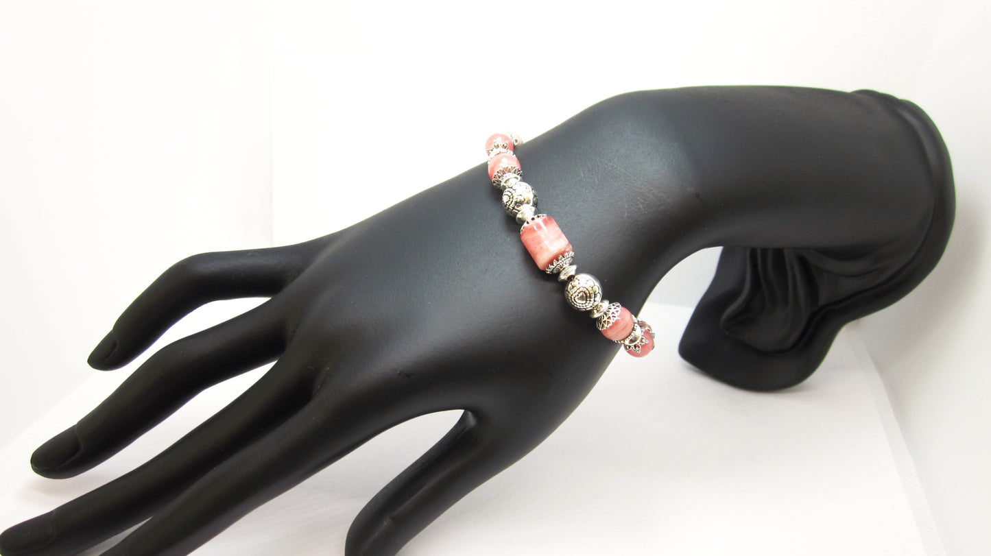Handmade 925 Sterling Silver Bracelet, Genuine Rhodochrosite, Natural Color, Unique Design, Adjustable Length