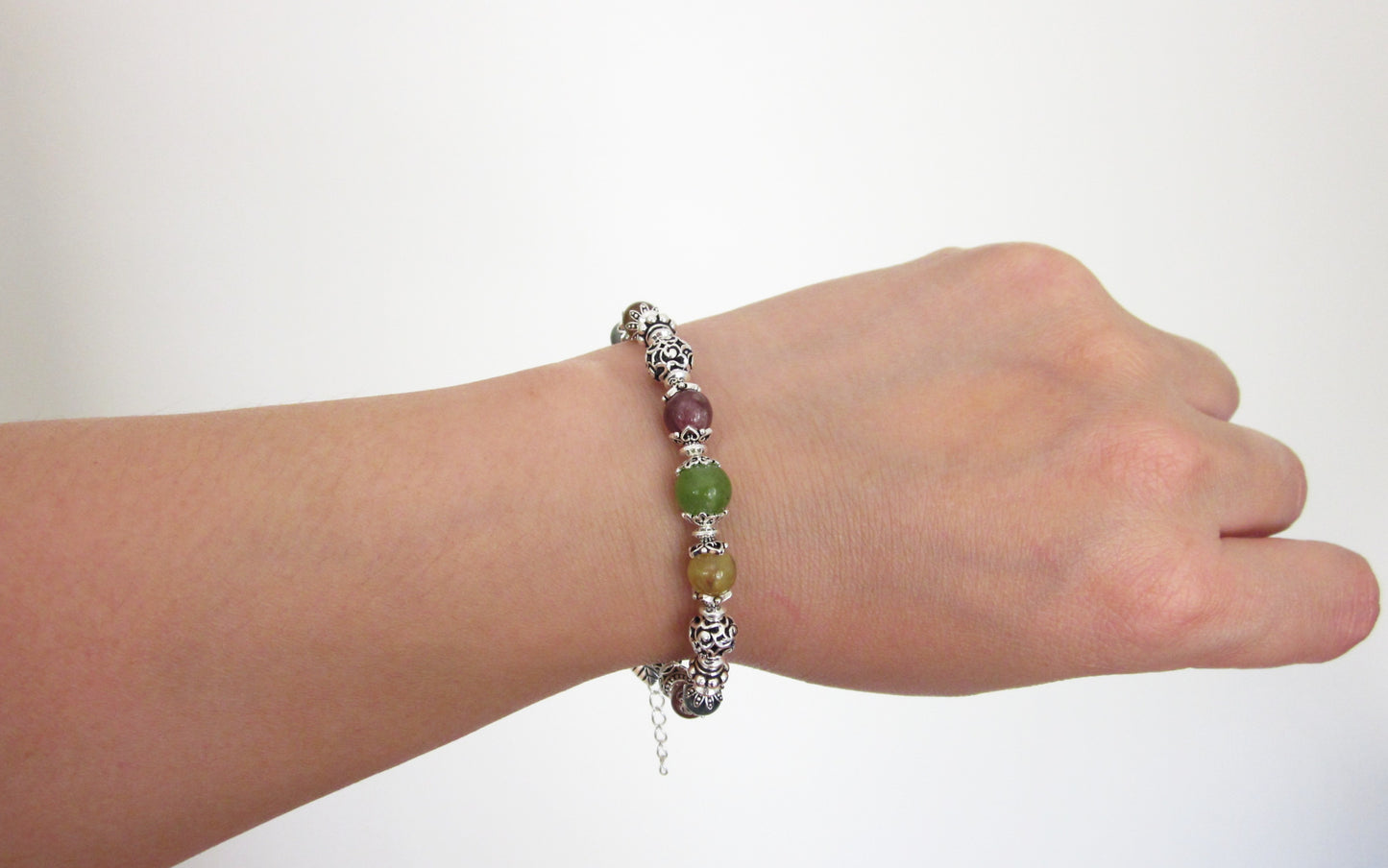 Handmade Multi-Tourmaline Sterling Silver Bracelet: Adjustable Length, Unique Charms