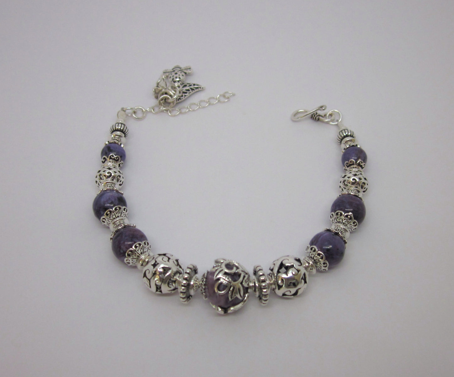 Handmade Purple Charoite & 925 Sterling Silver Bracelet – One of a Kind, Adjustable Length, Spiritual gifts, Genuine gemstone, unique design