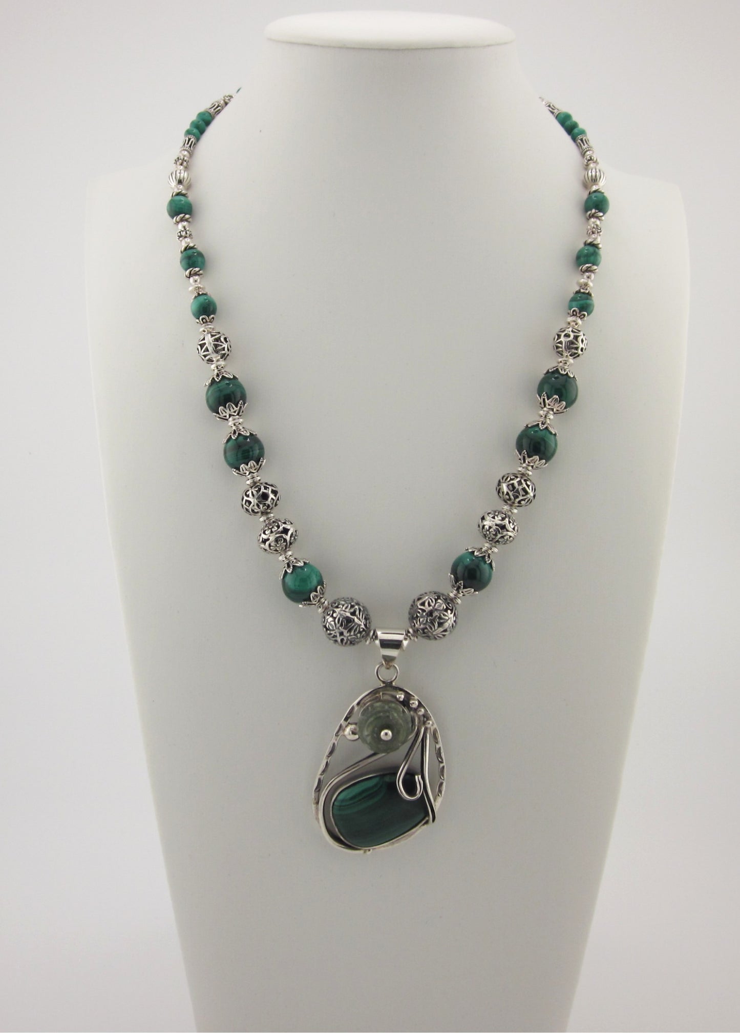 Malachite Necklace with Sterling Silver Pendant | Natural Green Gemstone Beaded Necklace | Handmade Healing Jewelry for Women