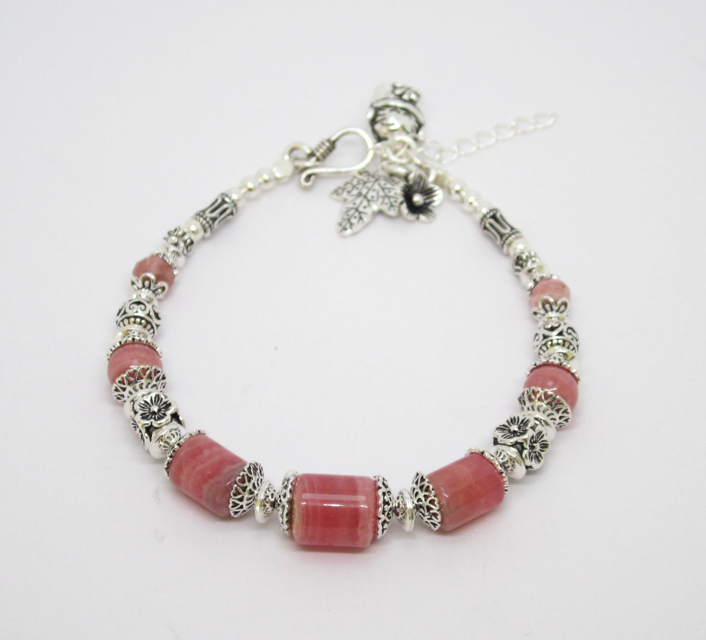 Handmade 925 Sterling Silver Bracelet, Genuine Rhodochrosite, Natural Color, Unique Design, Adjustable Length