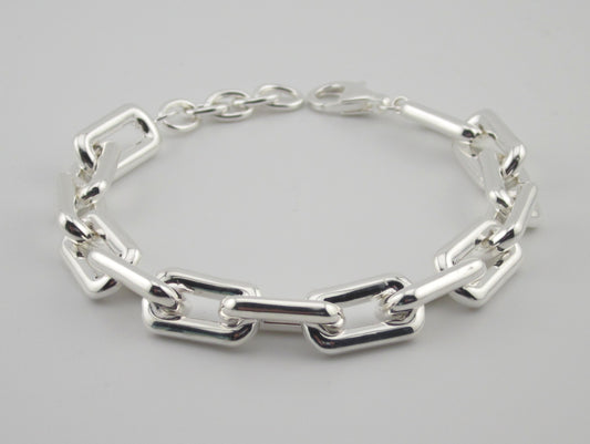 Chunky Sterling Silver Link Bracelet: Bold Rectangular Chain, Adjustable Length, Mirror High polished