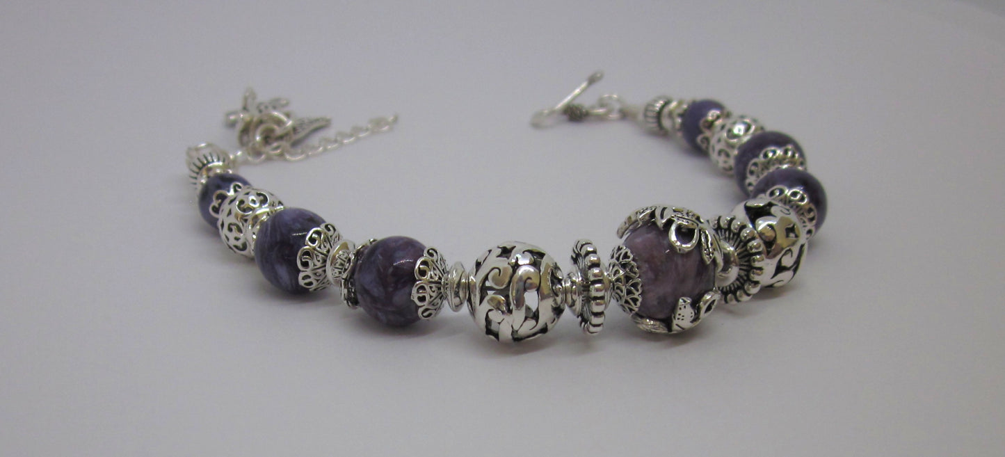 Handmade Purple Charoite & 925 Sterling Silver Bracelet – One of a Kind, Adjustable Length, Spiritual gifts, Genuine gemstone, unique design