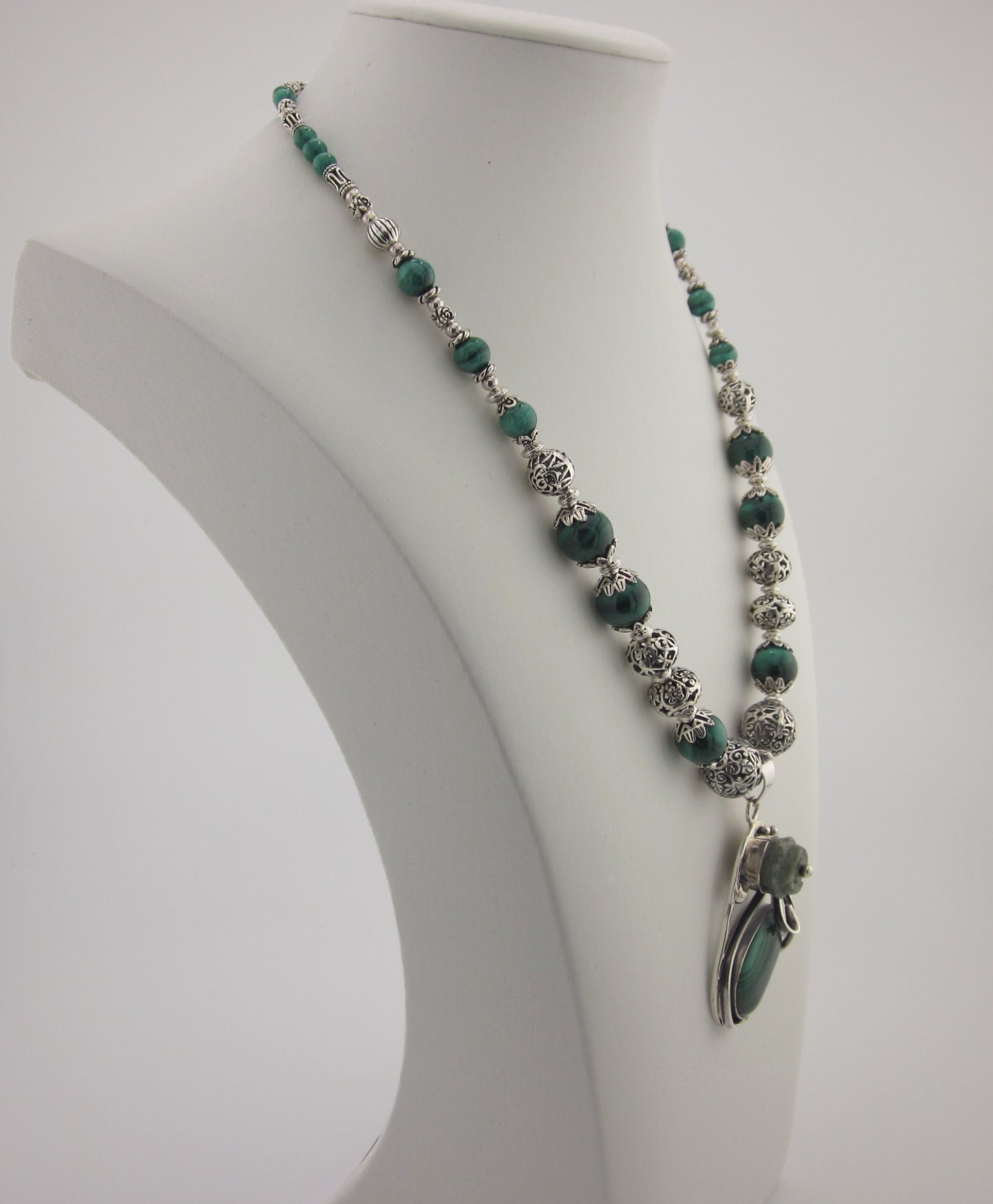 Malachite Necklace with Sterling Silver Pendant | Natural Green Gemstone Beaded Necklace | Handmade Healing Jewelry for Women