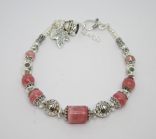 Handmade 925 Sterling Silver Bracelet, Genuine Rhodochrosite, Natural Color, Unique Design, Adjustable Length