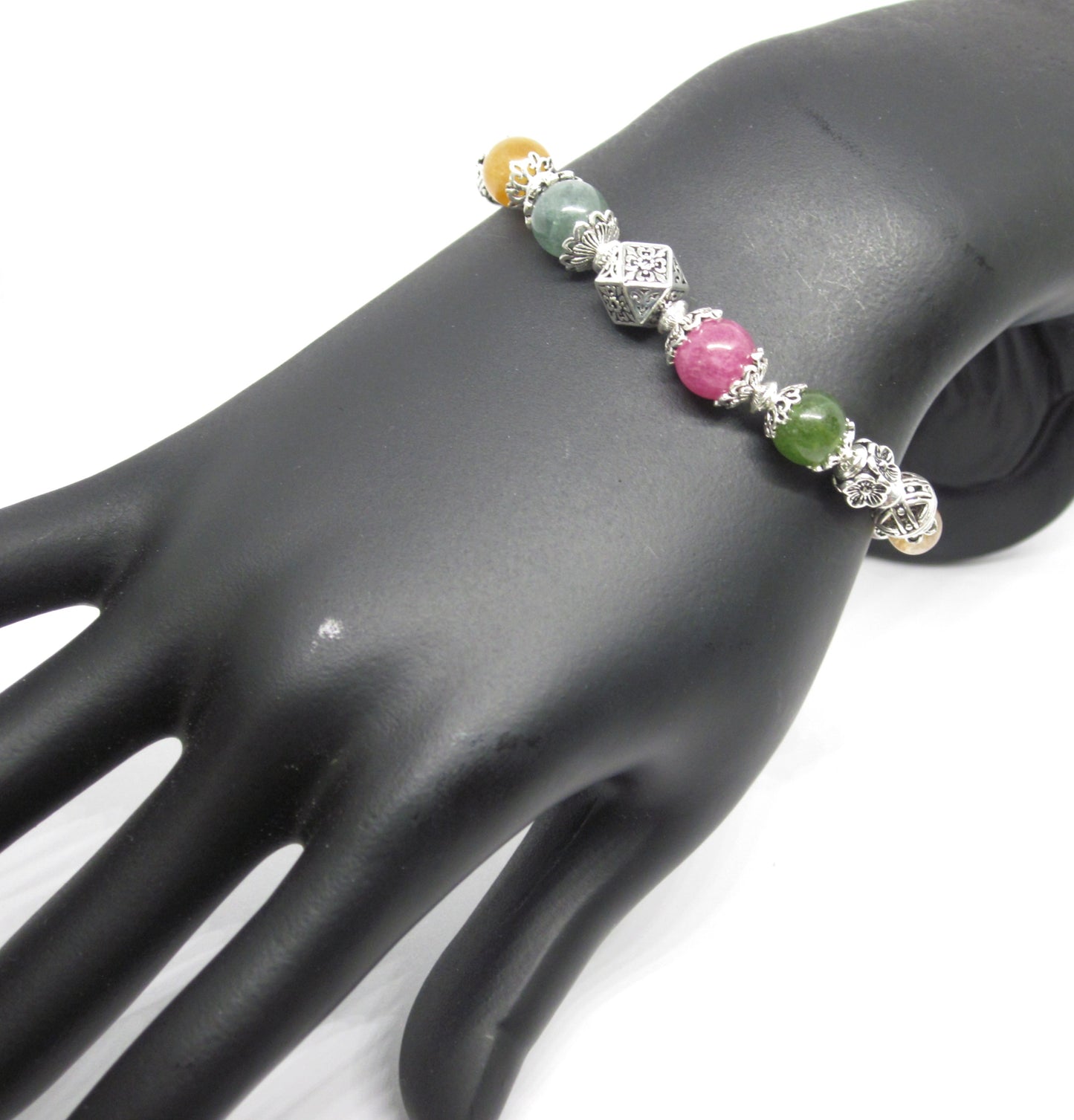 Handmade Multi-Tourmaline Sterling Silver Bracelet: Adjustable Length, Unique Charms