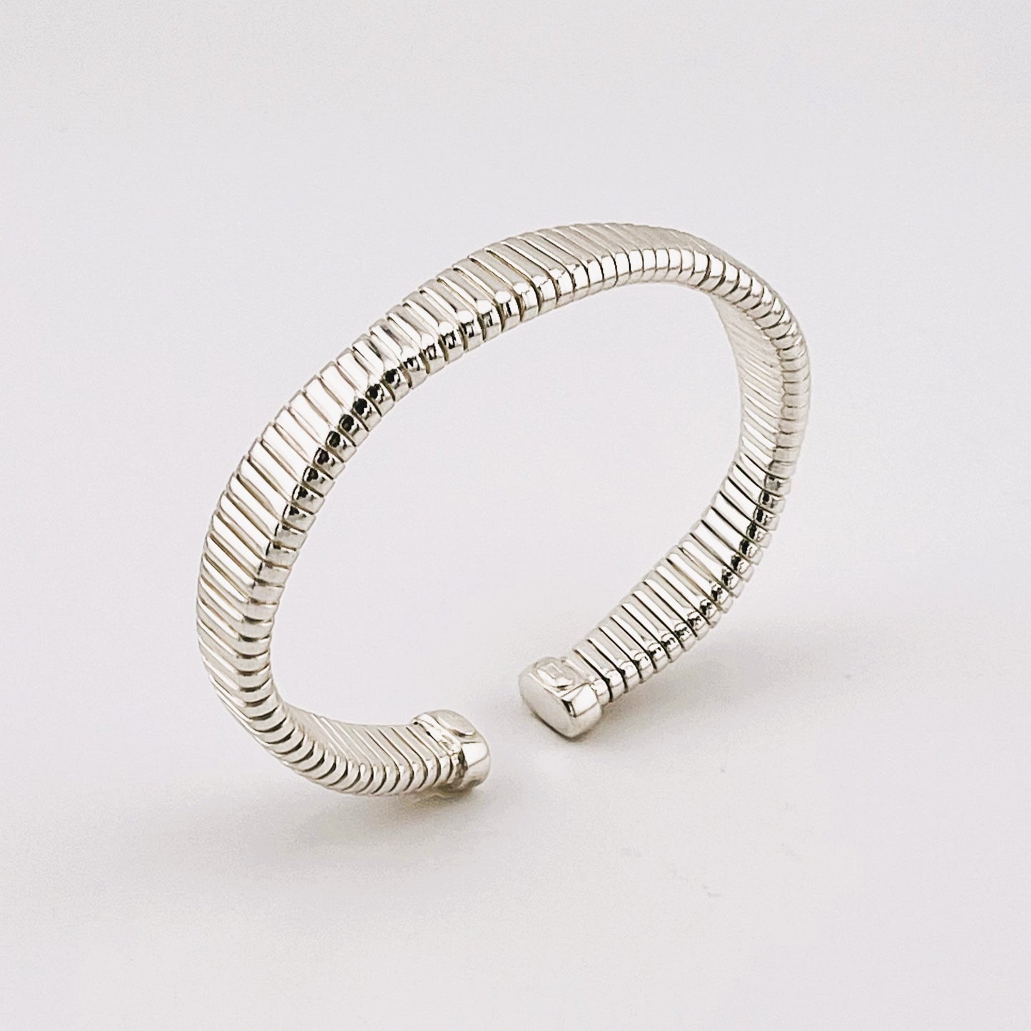 925 Sterling Silver Sleek Ribbed Cuff Bracelet, Made in Italy, high-polish finish and flexible open design, contemporary industrial design