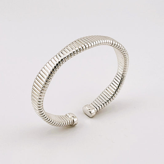 925 Sterling Silver Sleek Ribbed Cuff Bracelet, Made in Italy, high-polish finish and flexible open design, contemporary industrial design