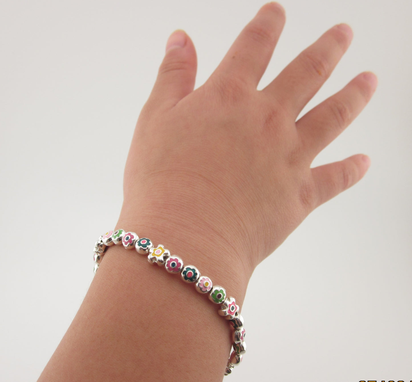 Handcraft Sterling Silver Flower Enamel Charm Bracelet: Adjustable Kids Jewelry