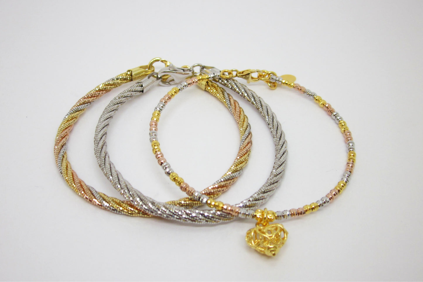 3-piece Tri-Color Gold Plated 925 Silver Multi-Strand Bracelet with Filigree Heart Charm, Made in Italy, Romantic, Elegant, Spiritual