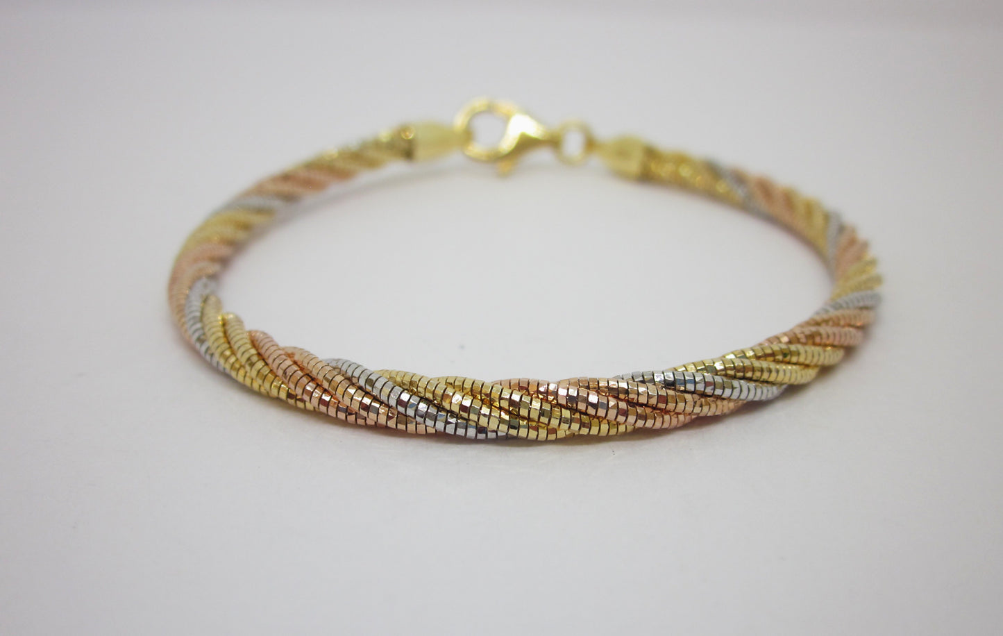 3-piece Tri-Color Gold Plated 925 Silver Multi-Strand Bracelet with Filigree Heart Charm, Made in Italy, Romantic, Elegant, Spiritual