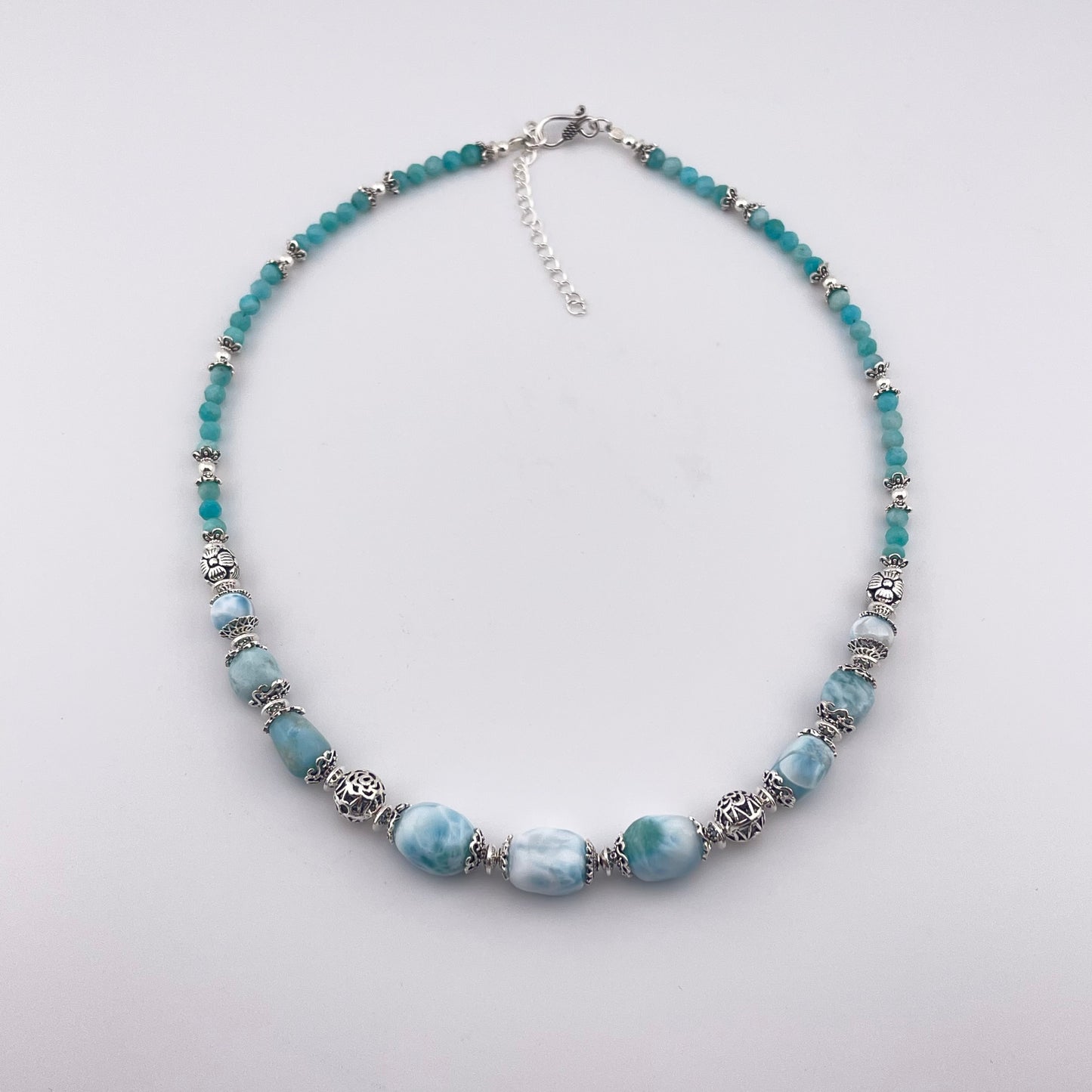 Handmade Larimar & Amazonite 925 Sterling Silver Necklace: Ocean Gemstone Jewelry