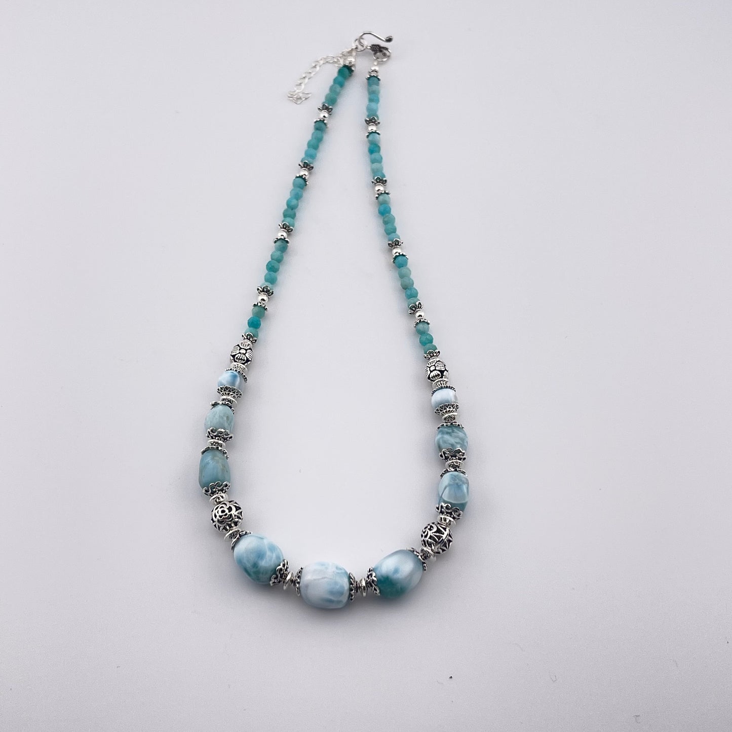 Handmade Larimar & Amazonite 925 Sterling Silver Necklace: Ocean Gemstone Jewelry