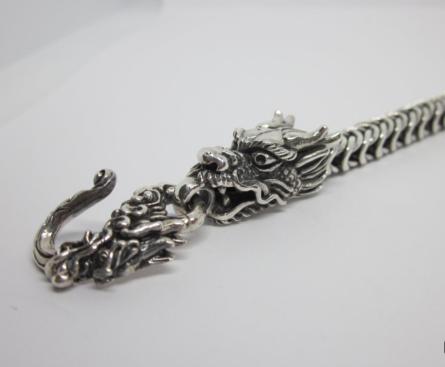 Sterling Silver Dragon Head Bracelet: Handwoven Byzantine Chain, Bold & Mystical Design