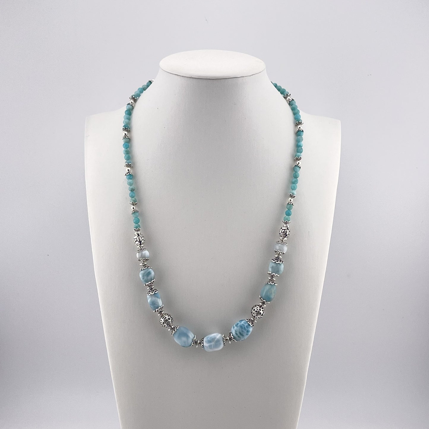 Handmade Larimar & Amazonite 925 Sterling Silver Necklace: Ocean Gemstone Jewelry