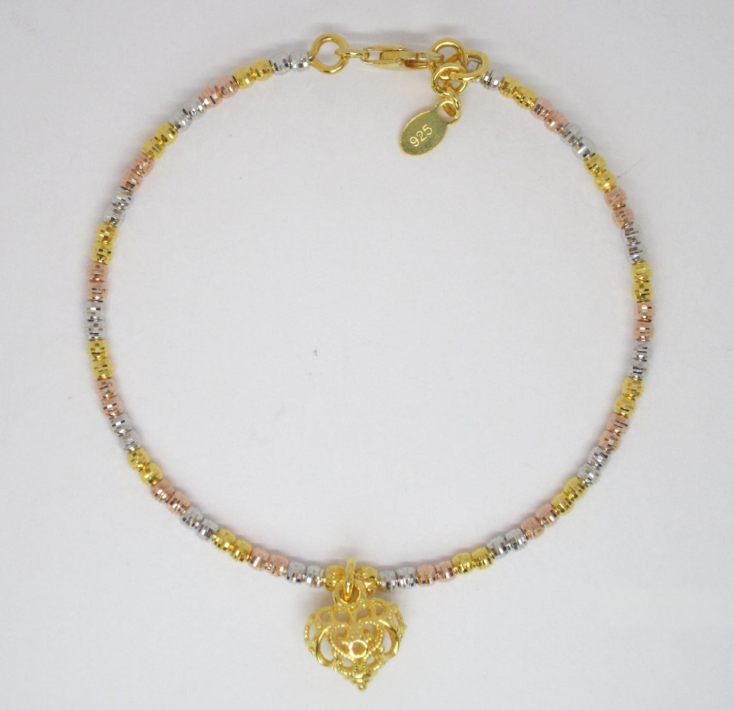 3-piece Tri-Color Gold Plated 925 Silver Multi-Strand Bracelet with Filigree Heart Charm, Made in Italy, Romantic, Elegant, Spiritual