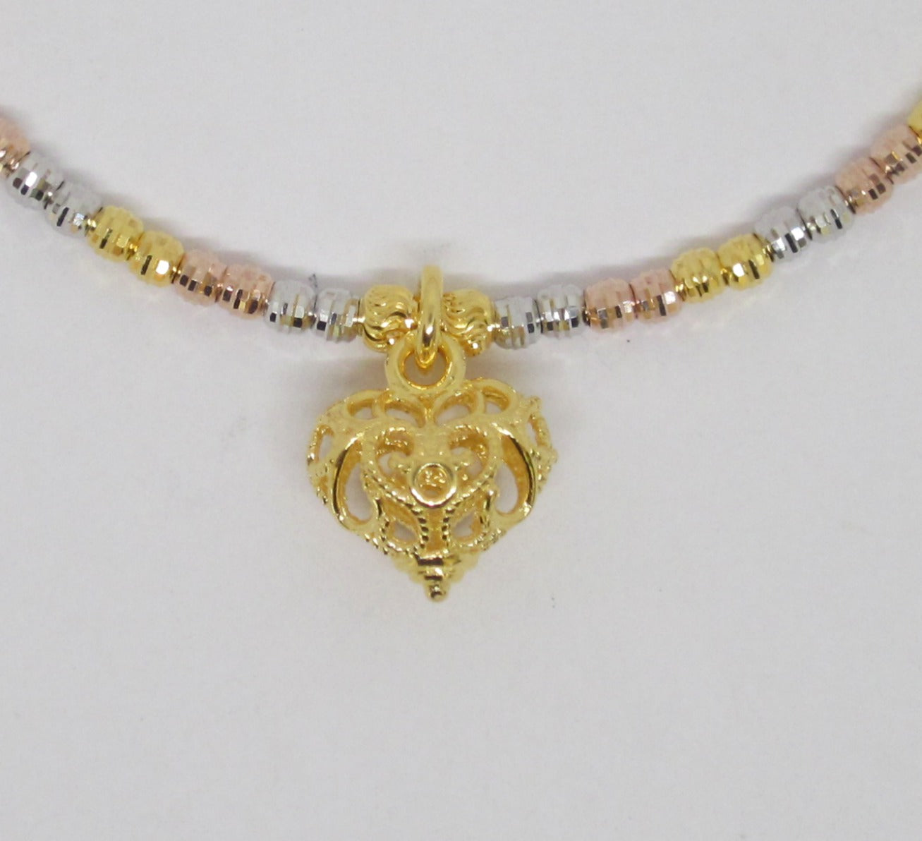 3-piece Tri-Color Gold Plated 925 Silver Multi-Strand Bracelet with Filigree Heart Charm, Made in Italy, Romantic, Elegant, Spiritual