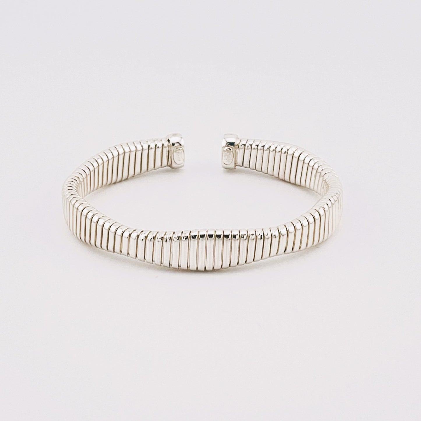 925 Sterling Silver Sleek Ribbed Cuff Bracelet, Made in Italy, high-polish finish and flexible open design, contemporary industrial design