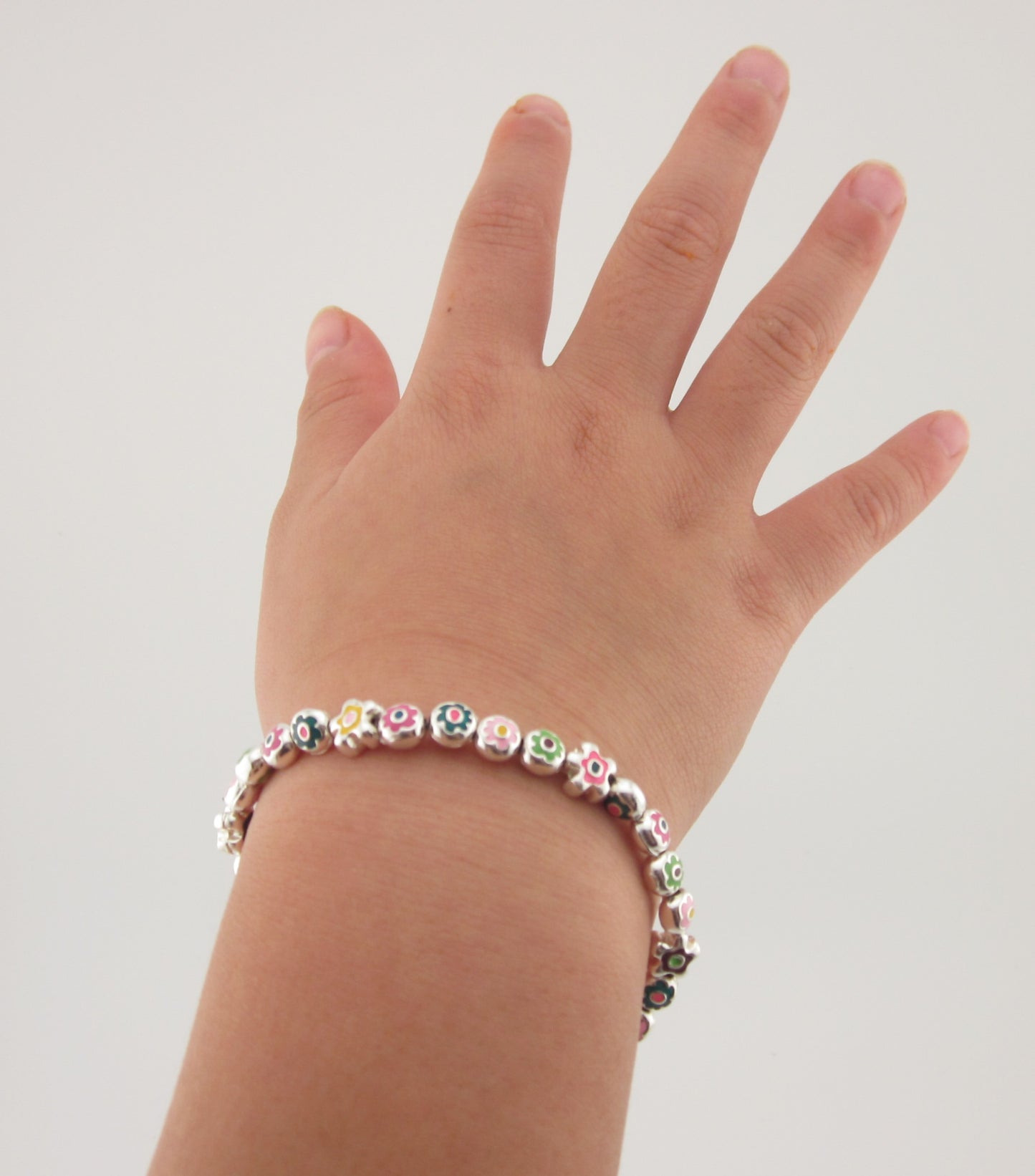 Handcraft Sterling Silver Flower Enamel Charm Bracelet: Adjustable Kids Jewelry