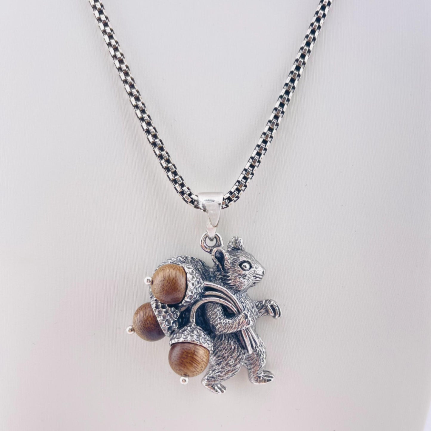 Handmade Sterling Silver Squirrel Pendant: Sandalwood Acorns, 925 Silver Necklace Chain, Nature lovers collection