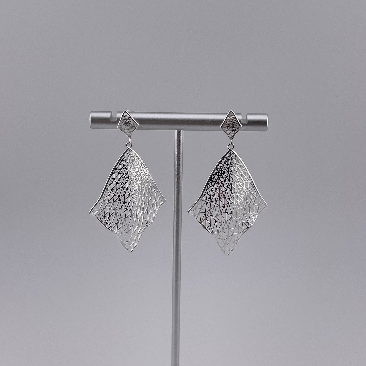 Sterling Silver Diamond Drop Earrings: Geometric Cutout Light Weight Modern Jewelry