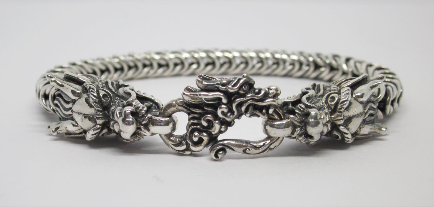 Sterling Silver Dragon Head Bracelet: Handwoven Byzantine Chain, Bold & Mystical Design