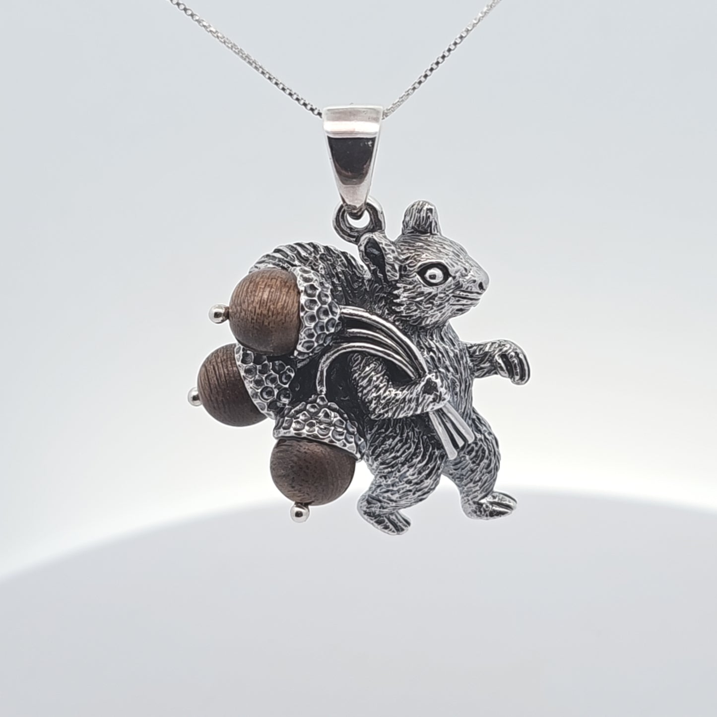 Handmade Sterling Silver Squirrel Pendant: Sandalwood Acorns, 925 Silver Necklace Chain, Nature lovers collection