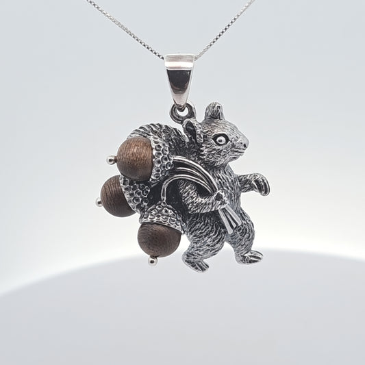 Handmade Sterling Silver Squirrel Pendant: Sandalwood Acorns, 925 Silver Necklace Chain, Nature lovers collection