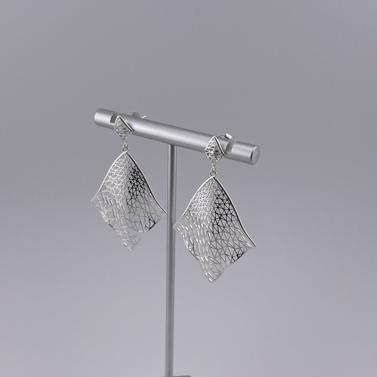Sterling Silver Diamond Drop Earrings: Geometric Cutout Light Weight Modern Jewelry