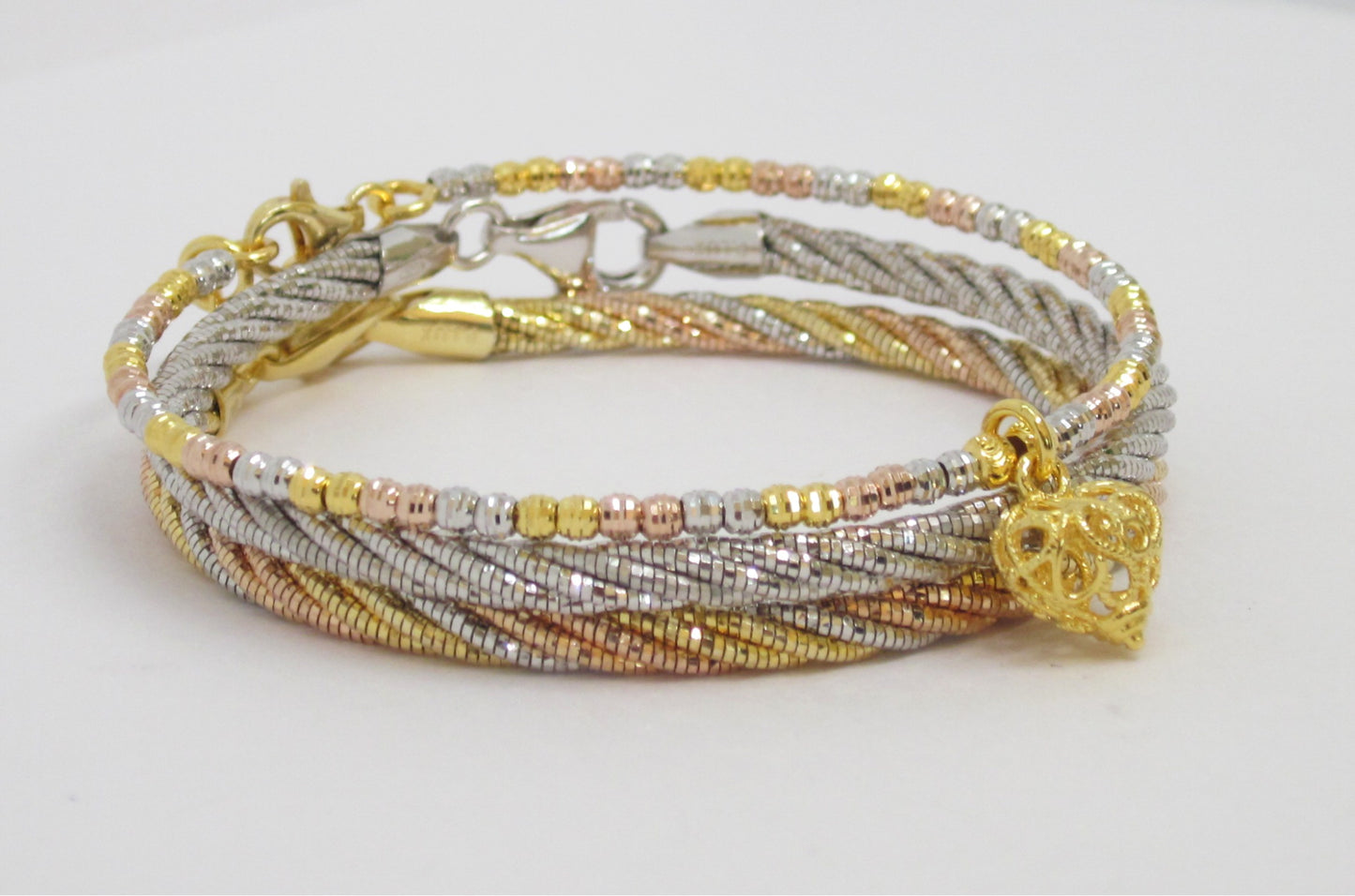 3-piece Tri-Color Gold Plated 925 Silver Multi-Strand Bracelet with Filigree Heart Charm, Made in Italy, Romantic, Elegant, Spiritual