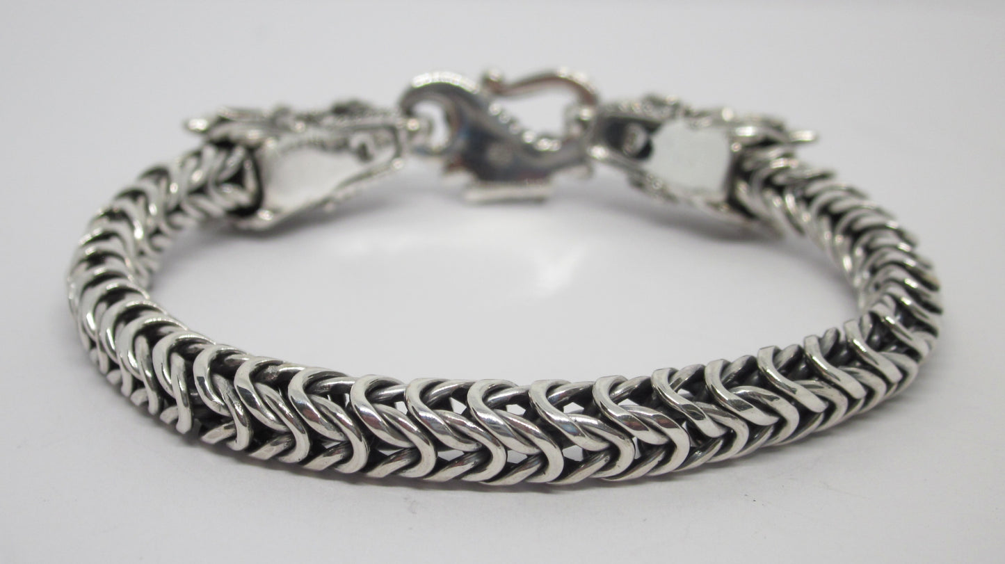 Sterling Silver Dragon Head Bracelet: Handwoven Byzantine Chain, Bold & Mystical Design