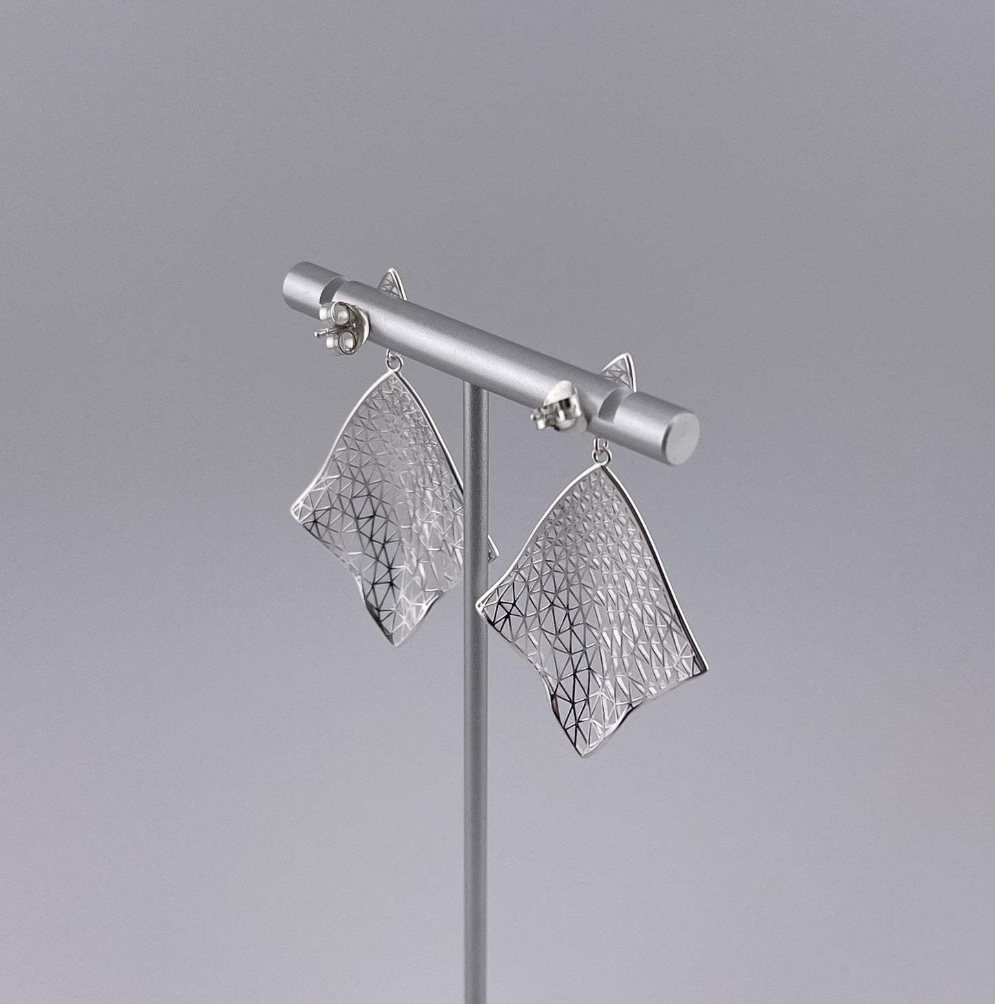 Sterling Silver Diamond Drop Earrings: Geometric Cutout Light Weight Modern Jewelry
