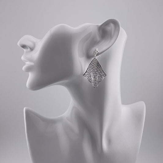 Sterling Silver Diamond Drop Earrings: Geometric Cutout Light Weight Modern Jewelry