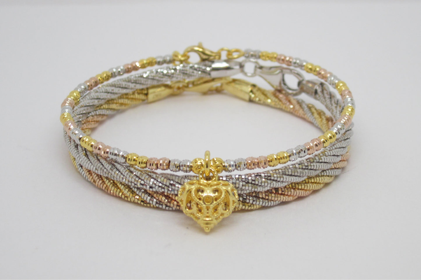 3-piece Tri-Color Gold Plated 925 Silver Multi-Strand Bracelet with Filigree Heart Charm, Made in Italy, Romantic, Elegant, Spiritual