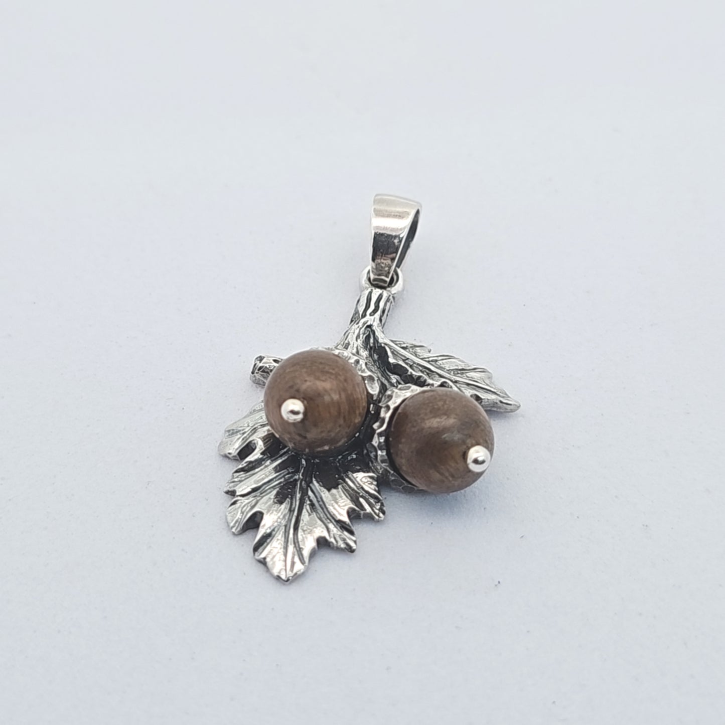Handmade 925 Sterling Silver Acorn Necklace: Sandalwood Beads, Oak Leaf Pendant, Nature lovers collection