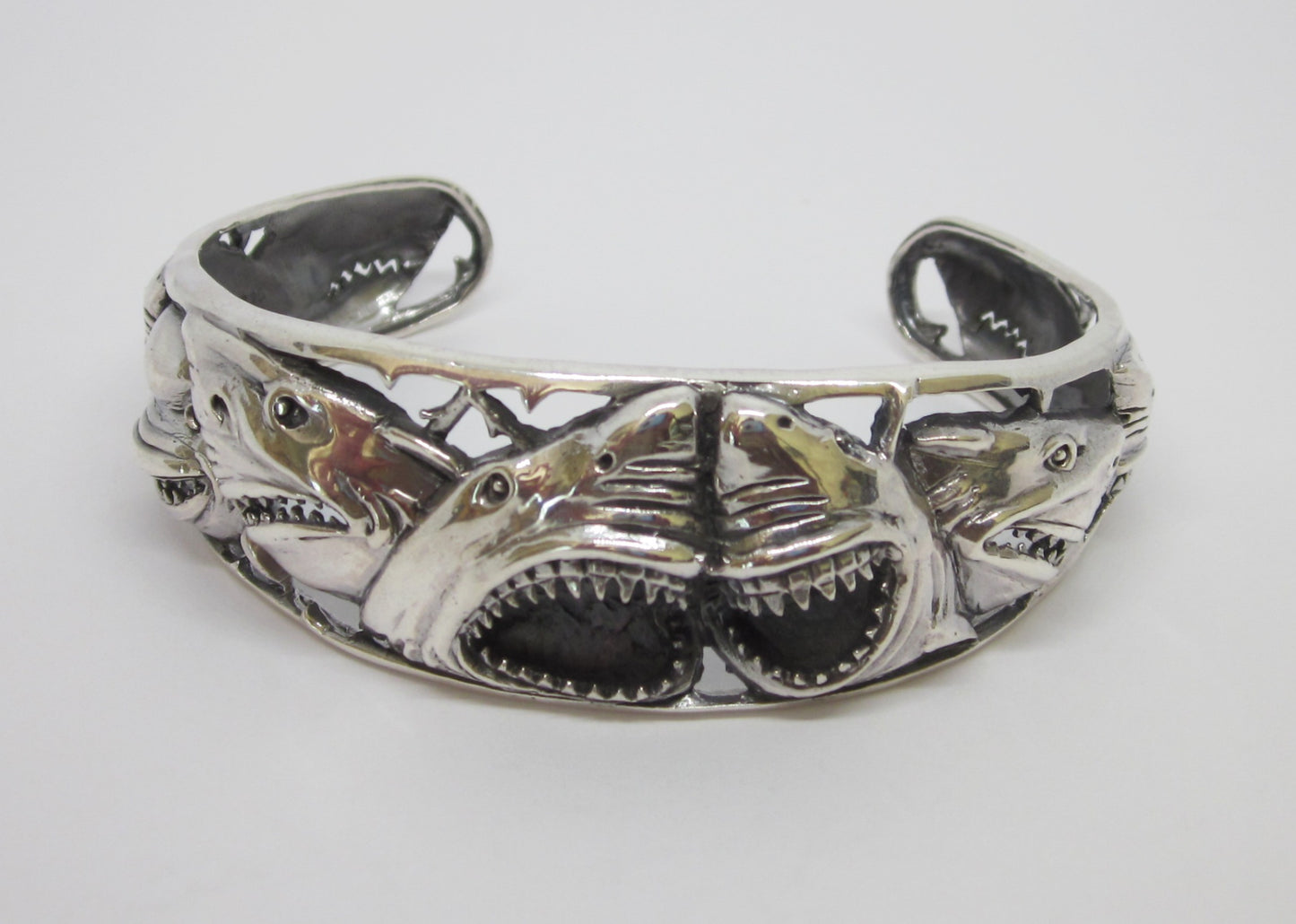 Handmade 925 Sterling Silver Shark Cuff Bracelet –Bold Open-Jaw Shark Design, Ocean Wildlife Jewelry for Men & Women, Oxidized vintage look