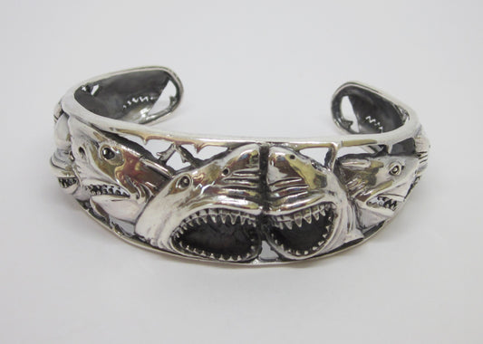 Handmade 925 Sterling Silver Shark Cuff Bracelet –Bold Open-Jaw Shark Design, Ocean Wildlife Jewelry for Men & Women, Oxidized vintage look